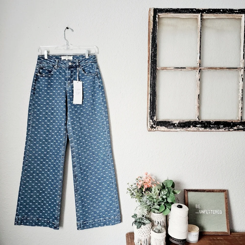 Risen High Rise Dark Wash Classic Wide Leg Jeans Bow Embroidered Various NEW - Picture 6 of 15